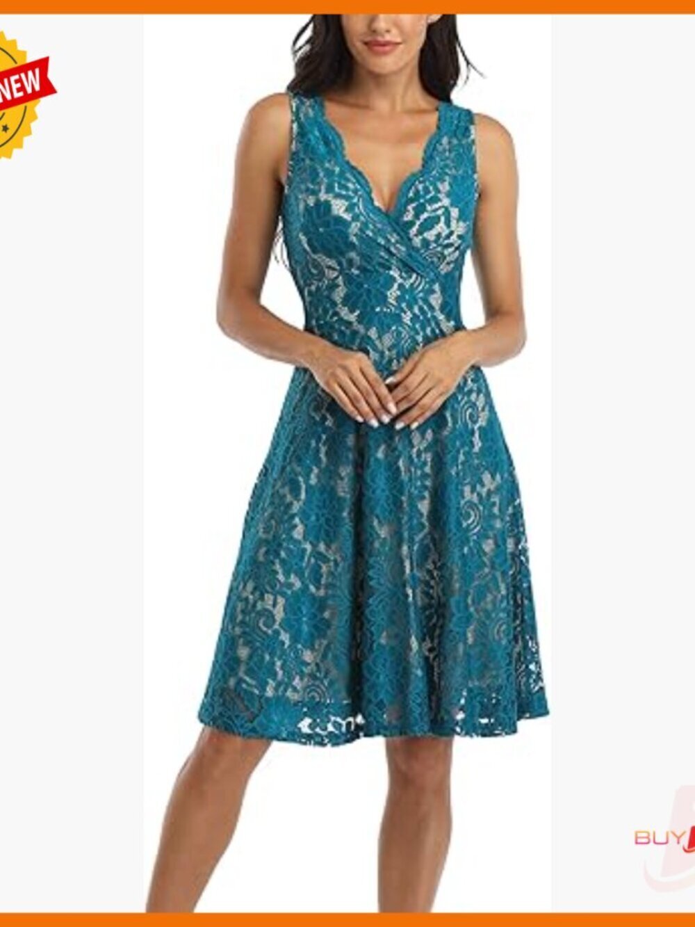 Floral Lace Fit Flare Dress V-Neck Knee Length Cocktail Wedding Guest